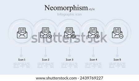 Mail line icon set. Information, correspondence, postman, gear, setting, minus, loading. Neomorphism style. Vector line icon for Business