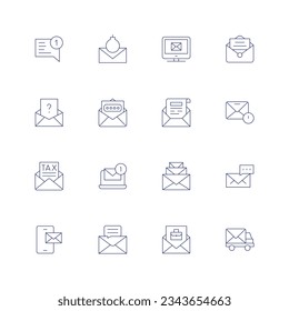 Icono de línea de correo establecido en fondo transparente con trazo editable. Conteniendo un nuevo mensaje, bomba, correo electrónico, carta, pregunta, correo, impuestos, correos electrónicos, sms, alquilados, camión de correo.