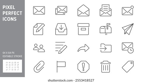 Mail line icons. Vector illustration include icon - postbox, label, letter, email, envelope, spam, document attachment outline pictogram for postal service. 64x64 Pixel Perfect, Editable Stroke.