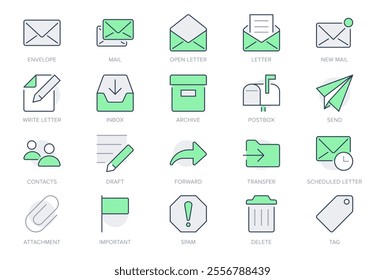 Mail line icons. Vector illustration include icon - postbox, label, letter, email, envelope, spam, document attachment outline pictogram for postal service. Editable Stroke, Green Color.