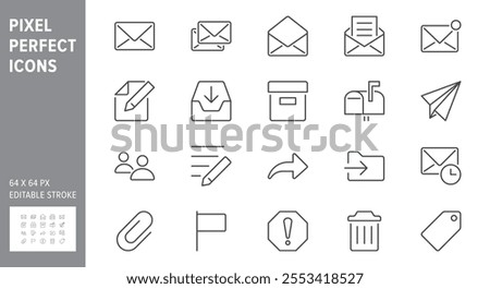 Mail line icons. Vector illustration include icon - postbox, label, letter, email, envelope, spam, document attachment outline pictogram for postal service. 64x64 Pixel Perfect, Editable Stroke.