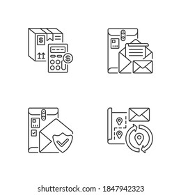 Mail linear icons set. Calculating cargo price, cargo insurance, address change and postbox customizable thin line contour symbols. Isolated vector outline illustrations. Editable stroke