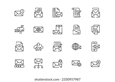Conjunto de iconos de líneas de correo. Géneros y atributos de correo. Diseño lineal. Líneas con trazo editable. Iconos vectoriales aislados.