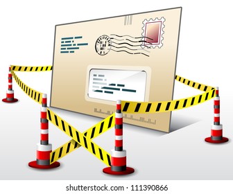 Mail located in restricted area. Dangerous envelope surrounded barrier tape