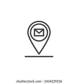 Mail location line icon. Post Office Marker linear style sign for mobile concept and web design. Envelope map marker outline vector icon. Symbol, logo illustration. Vector graphics