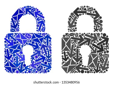 Mail lock icon mosaic of envelopes and arrows with blue color. Abstract vector lock illustration is designed of mail ways symbols. Flat design for mail pathways purposes.