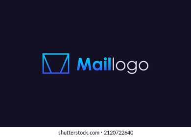 Mail Logo. Blue Geometric Shape Initial Letter M Linear Style isolated on Dark Blue Background. Flat Vector Logo Design Template Element for Business and Branding Logos.