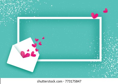 Mail Love. Envelope in paper cut style. Origami Pink Hearts. Valentines day Greeting card. Rectangle frame. Space for text. Be my valentine. 14 february. Romantic card on sky blue.