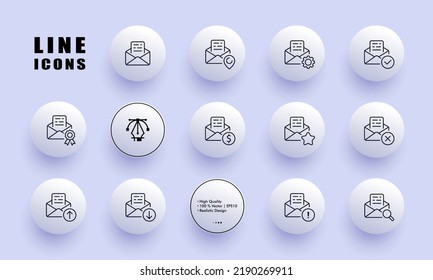 Mail management set icon. Communication, email, pointer, gear, checkmark, award badge, gear, star, cross, upload, download, magnifier, exclamation mark. Business concept. Neomorphism. Vector line icon