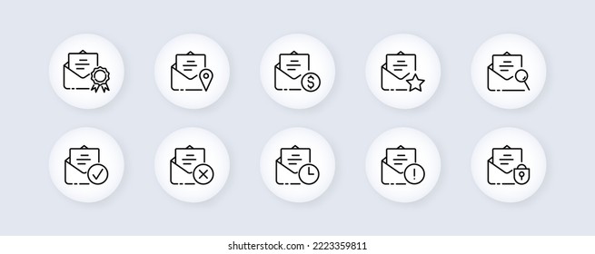 Icono de conjunto de administración de correo. Contáctenos, comunicación, correo electrónico, carta de envío, archivo adjunto, imagen, clip, sobre abierto, buzón. Concepto de negocio. Icono de línea de vector para negocios y publicidad