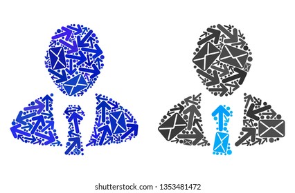 Mail manager icon mosaic of envelopes and arrows with blue color. Abstract vector manager illustration is constructed of mail movement symbols. Flat design for mail routes templates.