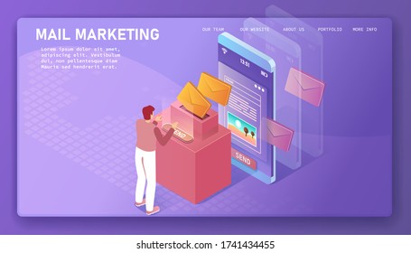 Mail marketing. The man disassembles and sorts the letters. Sending and receiving emails using smartphone. Landing page design, vector isometric detailed illustration.