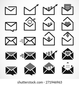 Mail, Message and Envelope Icon Set on White Background 