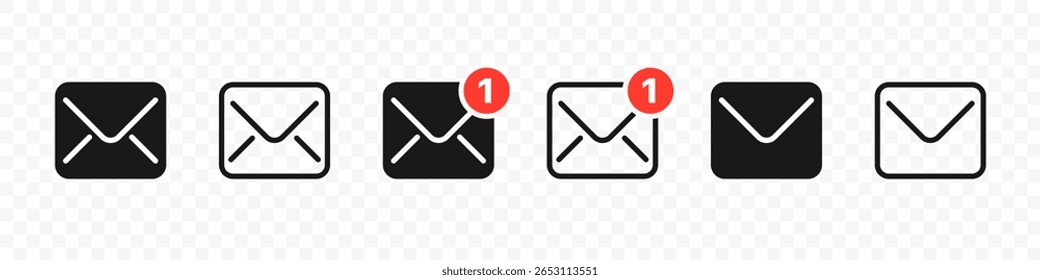 Icono de correo y mensaje colección. Símbolos de sobre con alertas de notificación e insignias rojas. Ilustración vectorial