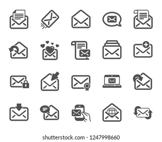 Mail message icons. Newsletter, Email document, Correspondence icons. Received mail, Secure message and Web letter. Post office newsletter, Send email document, private communication. Vector