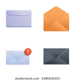 Mail message icons set cartoon vector. Opened and closed envelope with document. Mail service