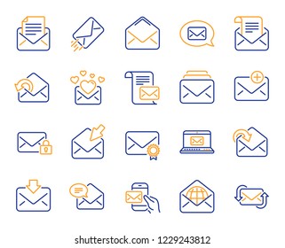 Mail message line icons. Newsletter, Email document, Correspondence icons. Received mail, Secure message and Web letter. Post office newsletter, Send email document, private communication. Vector
