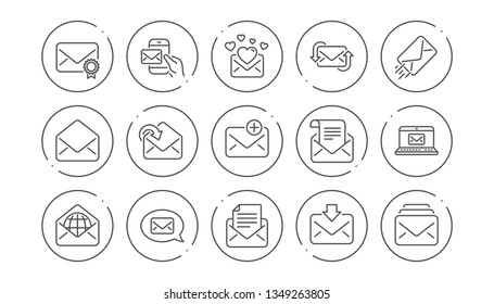 Mail message line icons. Newsletter, E-mail, Correspondence. Communication linear icon set. Line buttons with icon. Editable stroke. Vector
