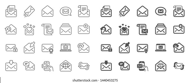 Mail Message Line Icons. Newsletter, Email Document, Correspondence Icons. Received Mail, Secure Message And Web Letter. Post Office Newsletter, Send Email Document, Private Communication. Vector