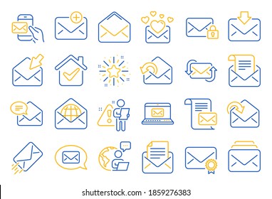 Mail message line icons. Newsletter, Email document, Correspondence icons. Received mail, Secure message and Web letter. Post office newsletter, Send email document, private communication. Vector