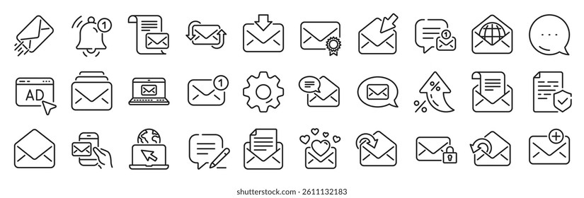 Mail message line icons. Settings gear, Message, Inflation icons. Newsletter, Email document, Correspondence icons. Received mail, Secure message and Web letter. Vector