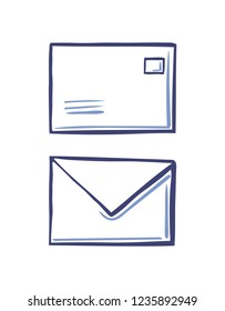 Mail message sign hand drawn doodle of closed letter, postal correspondence symbol. Envelope icon in line art sketch style vector back and front view