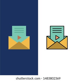 Mail, Message, Sms, Video Player  Icons. Flat and Line Filled Icon Set Vector Blue Background