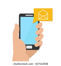 Mail mobile concept. Hand holding a phone to which it was a letter. Vector Illustration