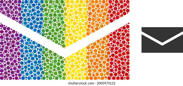 Mail mosaic icon of round dots in various sizes and rainbow colored color tints. A dotted LGBT-colored mail for lesbians, gays, bisexuals, and transgenders. Vector icon in LGBT flag colors.