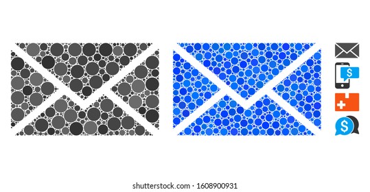 Mail mosaic of spheric dots in various sizes and color tones, based on mail icon. Vector dots are composed into blue composition. Dotted mail icon in usual and blue versions.