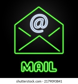 mail neon sign, modern glowing banner design, colorful modern design trends on black background. Vector illustration.