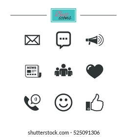 Mail, news icons. Conference, like and group signs. E-mail, chat message and phone call symbols. Black flat icons. Classic design. Vector