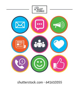 Mail, news icons. Conference, like and group signs. E-mail, chat message and phone call symbols. Classic simple flat icons. Vector