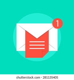 mail notice with white letter and red sheet. concept of support, spam, document, counter incoming, mobile apps. isolated on green background. flat style trend modern logo design vector illustration