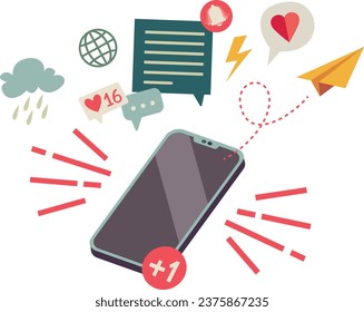 Mail notification and dependance on a smartphone. Vector illustration separated items on a white background. Cellphone with internet icons.