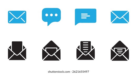 Email, Notificação, Conjunto de ícones de Mensagem. Símbolo de bate-papo. Ícones de mídia social. Ilustração vetorial eps 10