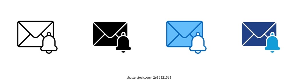 Mail Notification Multiple Style Icon Design Vector - Envelope with bell, representing email alert, inbox notification, or new message reminder