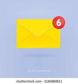 Mail notification with red marker Six Messages. Delivery of messages, sms. Vector illustration in 3d style.