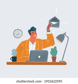 Mail notification. Smiling office man, working from home, receiving email or instant message. Concept of remote workplace and business communication. Isolated background cartoon vector illustration