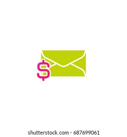 Mail Notifications dollar Bill Invoice. Green letter icon with pink dollar sign. Vector flat icon isolated on white.