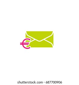 Mail Notifications Euro Bill Invoice. Green letter icon with pink euro sign. Vector flat icon isolated on white.