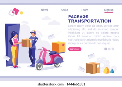 Mail Office Page Concept, Postage Package Website. Kurier Transport von Cartoon-Paket im Web. Bringen von Zeichen. Webbanner, Heldenbilder, Flache Illustration einzeln auf weißem Hintergrund.