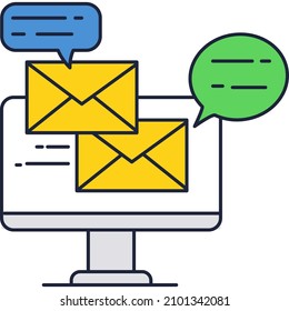 Enviar por correo electrónico notificación de boletín de noticias de iconos de equipo en el vector de pantalla. Mensaje nuevo de documento de envío en línea plano. Comunicación digital y marketing
