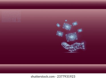 Mail on a hand vector illustration composed of technological grid and dots. Message icon, email. Mail icon on a burgundy background.