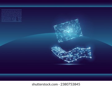 Mail on a hand vector illustration composed of technological grid and dots. Message icon, email. Mail icon on a dark blue background.