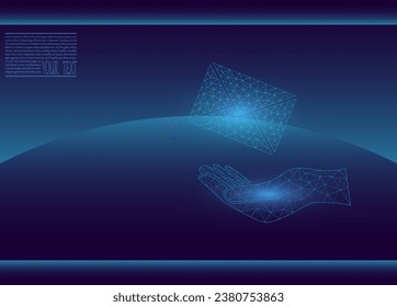 Correos en una ilustración vectorial de mano compuesta de cuadrícula tecnológica y puntos. Icono de mensaje, correo electrónico. Icono de correo en un fondo azul oscuro.