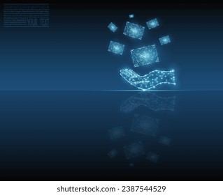 Mail on a hand vector illustration composed of technological grid and dots with mirror reflection. Message icon, email. Mail icon on a dark blue background.