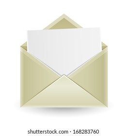 The mail, open envelope with a white sheet of paper inside isolated on the white background