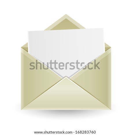 The mail, open envelope with a white sheet of paper inside isolated on the white background