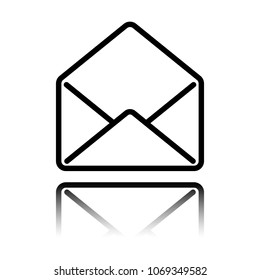 mail open icon. Black icon with mirror reflection on white backg